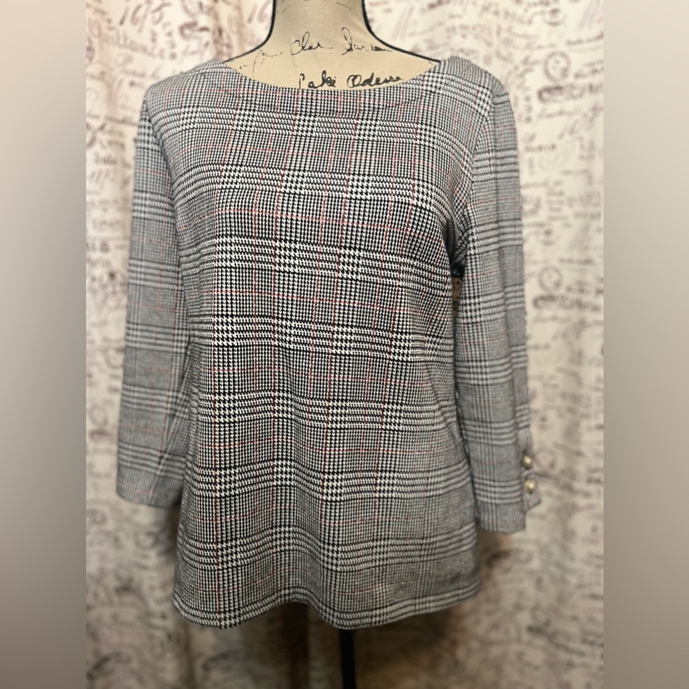 TALBOTS PEARL BUTTON CUFF TOP - PLAID - Picture 2 of 6